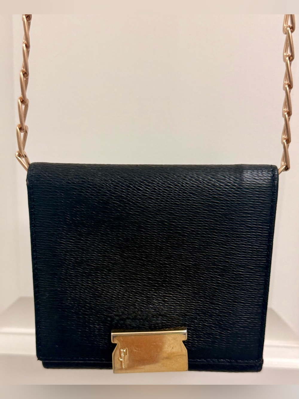 FERRAGAMO Vintage 90’s Rare Quiet Luxury Black Leather Compact Wallet W/ Chain